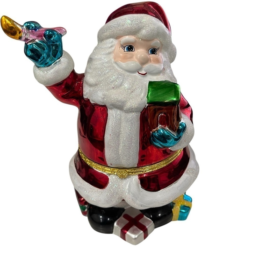 Christopher Radko Hand Blown7 1/2 in Hinged Candy Trinket Box Santa Painting